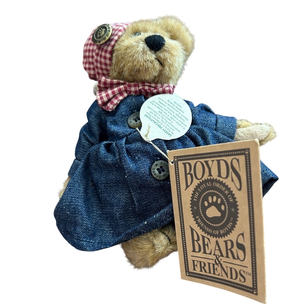 Boyds Bears & Friends Plush Teddy Bear Blue Denim Dress Gingham Hat with COA Tag